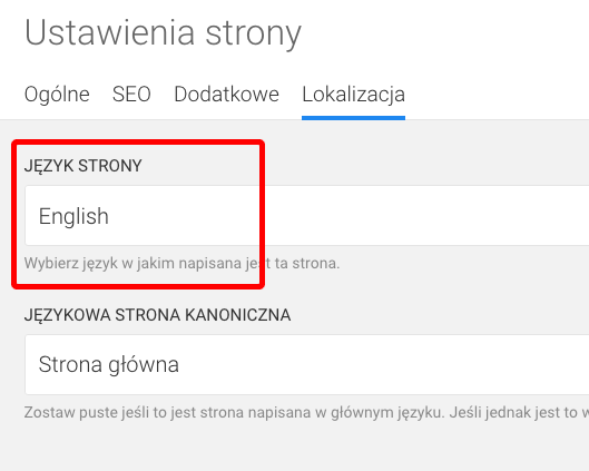 ustawienia strony językowej angielski